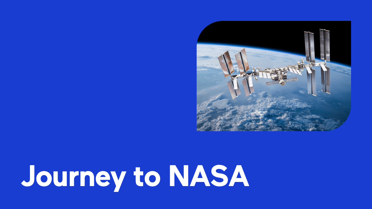 Image of the International Space Station orbiting Earth with 'Journey to NASA' text.