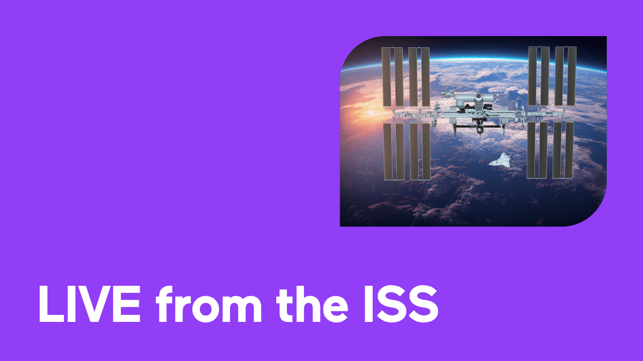 Illustration of the International Space Station above Earth with text 'LIVE from the ISS'