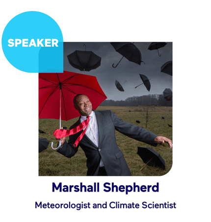 Meteorologist holding a red umbrella with falling black umbrellas in the background.