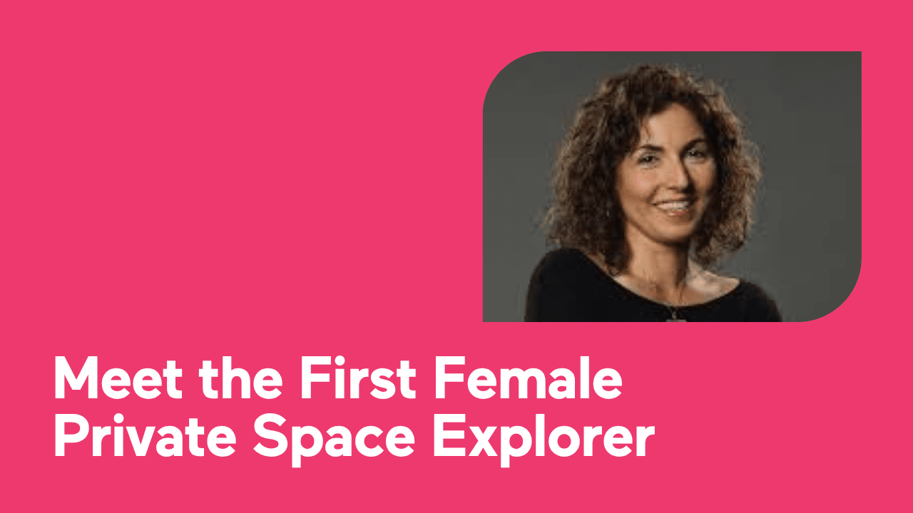 Smiling woman with curly hair on pink background with text about female space explorer.