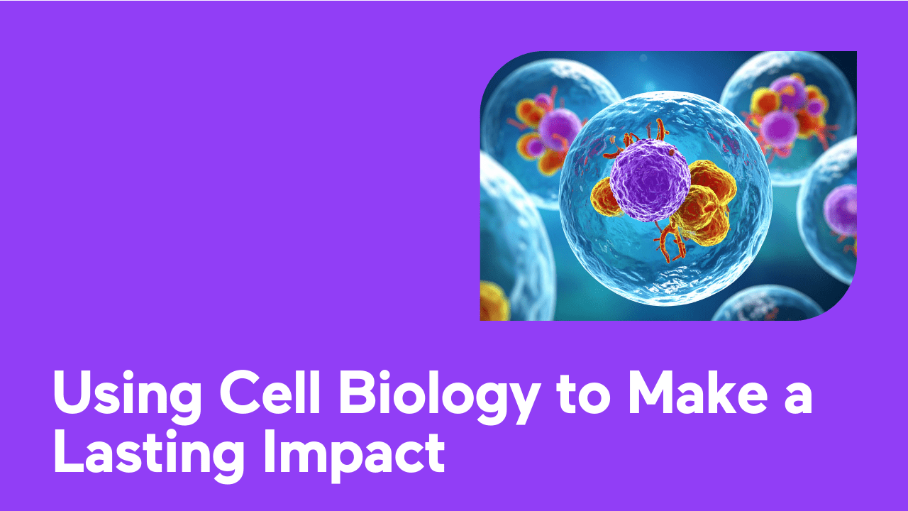 Microscopic view of human cells with vibrant colors against a purple background.