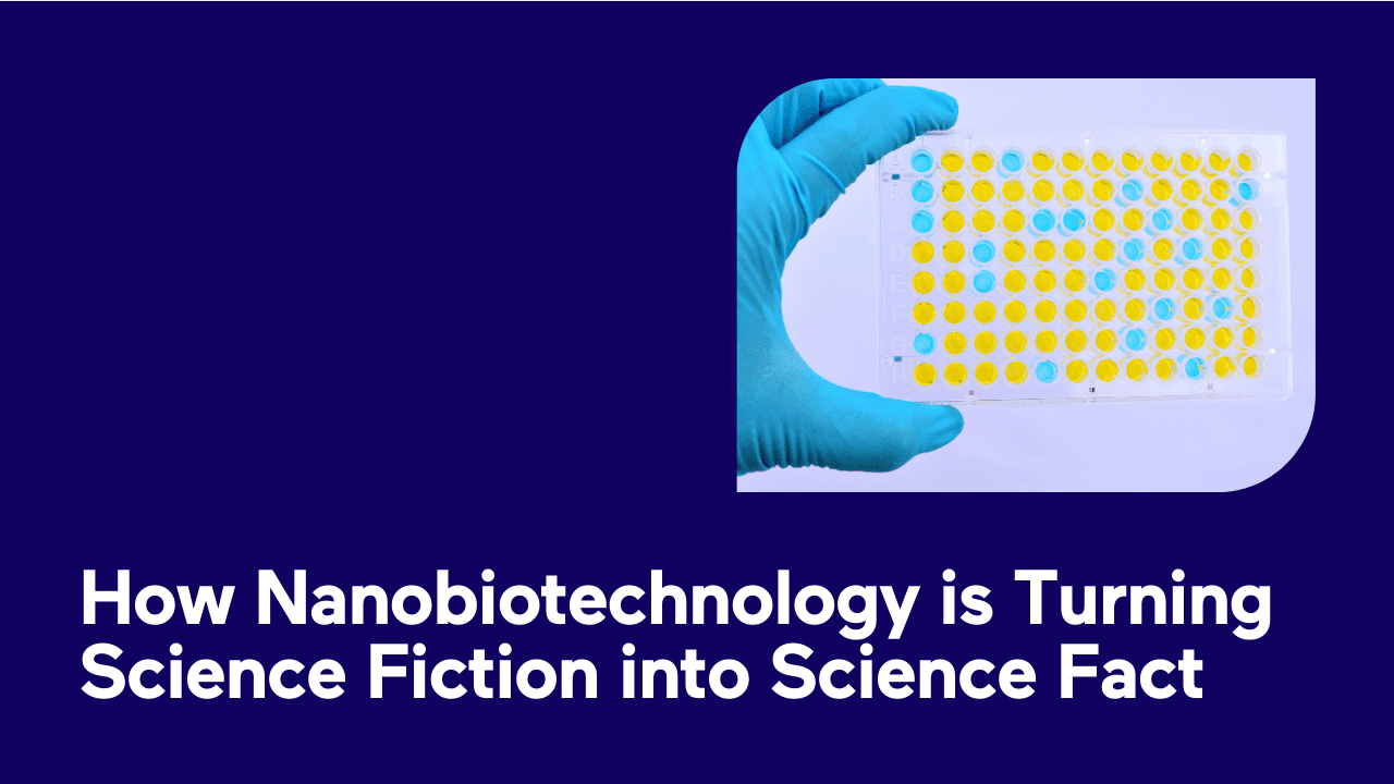 Gloved hand holding a microplate with colorful wells, showcasing nanobiotechnology