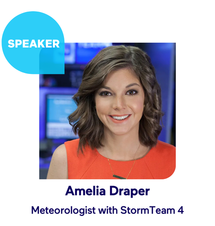Woman in orange top with short hair, labeled as a speaker on TV set.