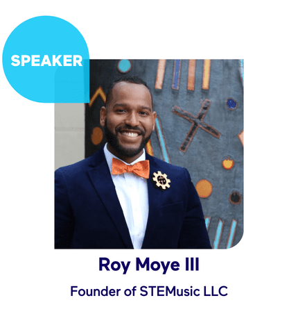 Speaker smiling in a suit with a bow tie, labeled as STEMusic LLC founder.