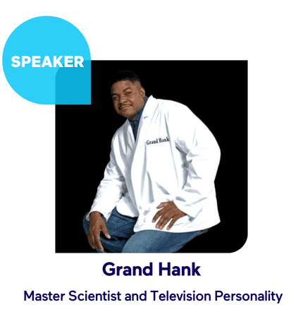 Speaker wearing a lab coat, featured at SciFest All Access event.