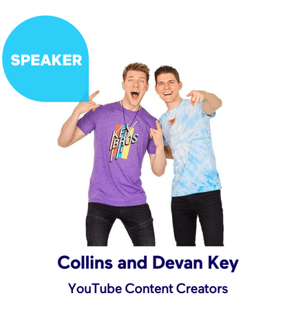 Two young men in colorful shirts posing and smiling enthusiastically.