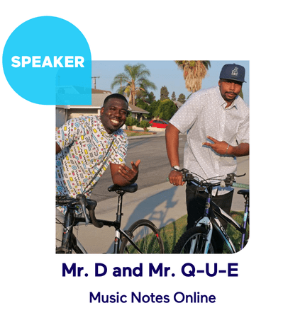 Two men posing with bicycles, labeled as speakers at Music Notes Online.