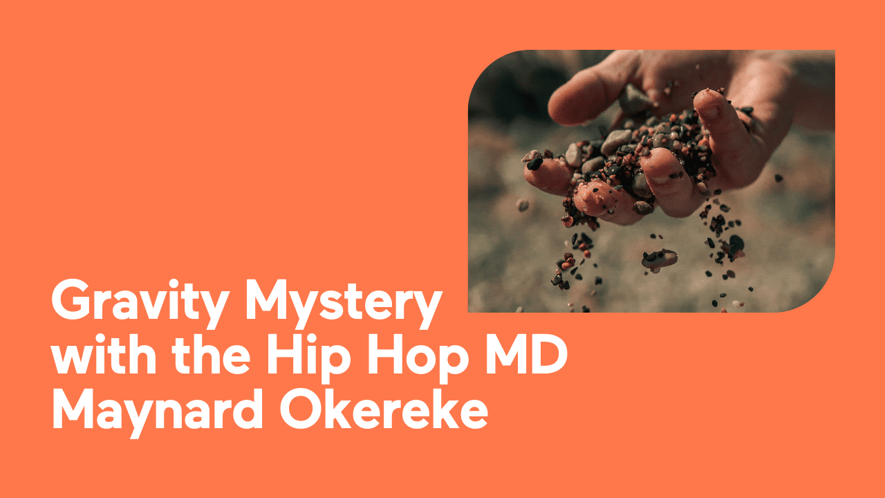 A hand holding and dropping small pebbles on an orange background with text.