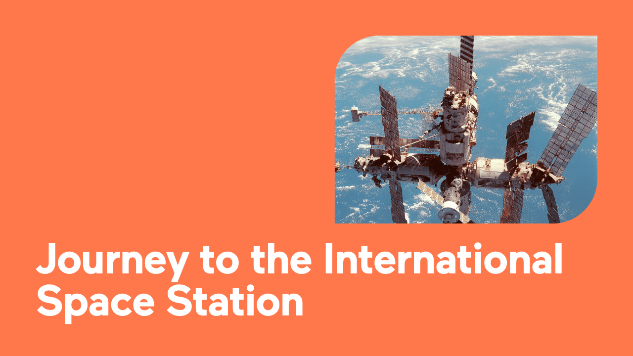 Space Shuttle approaching the International Space Station with text overlay