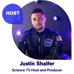 Science TV host and producer in a NASA-themed jacket.