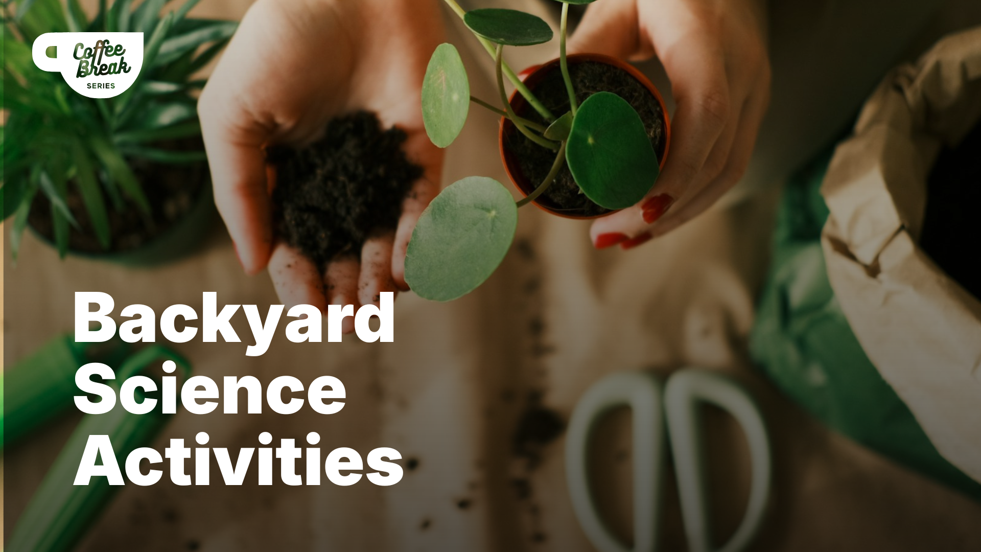 Hands holding soil and a small potted plant in a gardening setting.