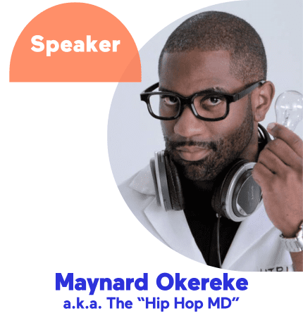 Man holding a lightbulb with headphones around his neck, labeled as Speaker.