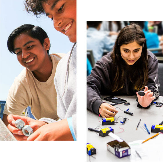 Two photos showing students working on hardware and electronics.
