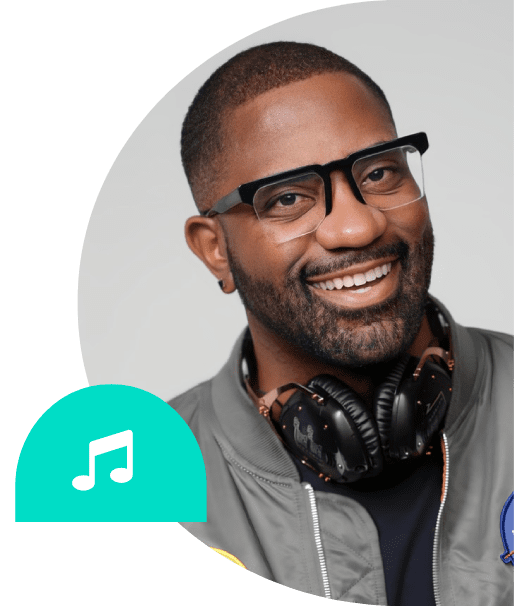 Maynard smiling with headphones and a musical note icon.