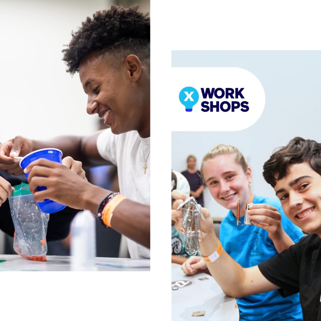 Students working on projects, next to the text WORKSHOPS logo.