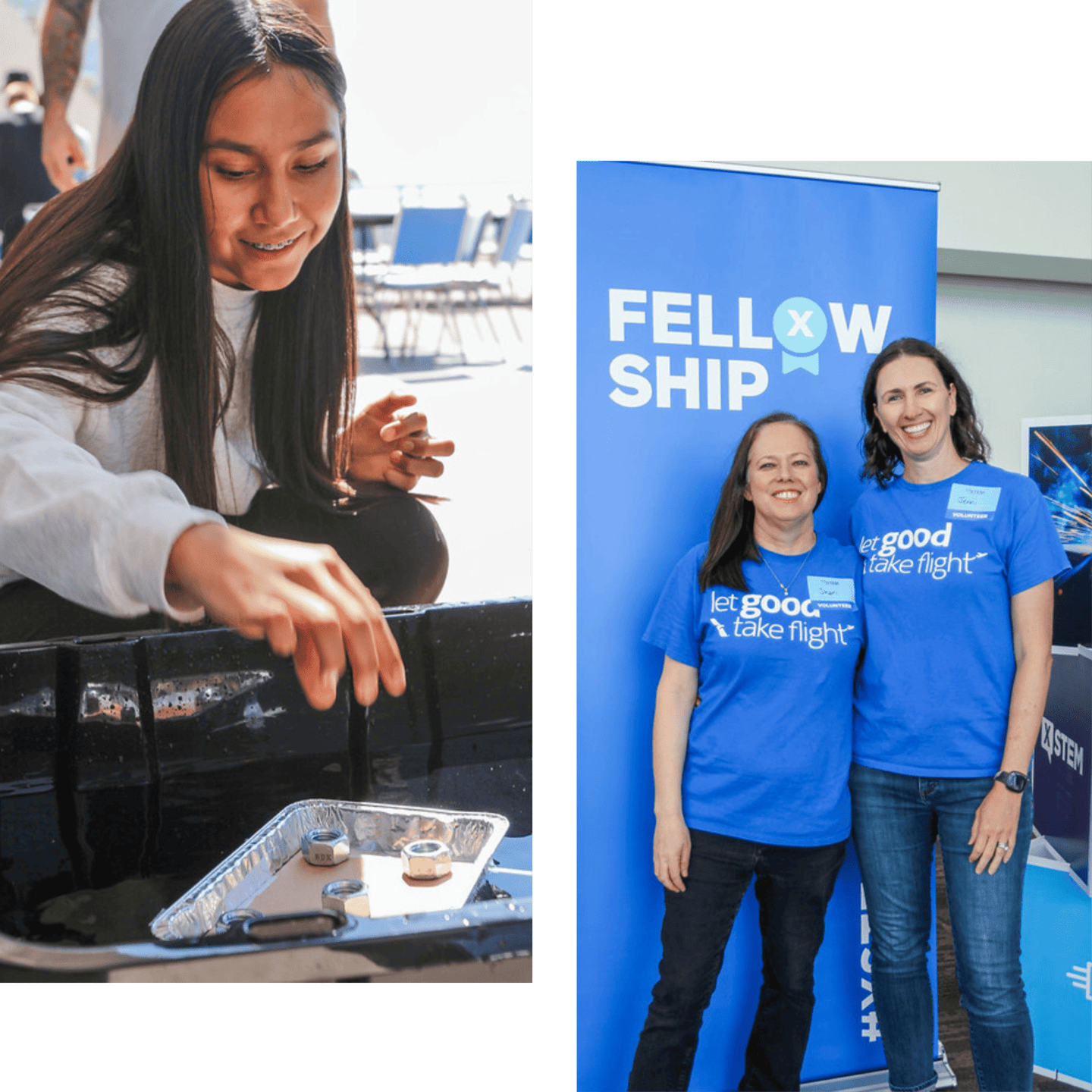 Composite of student doing water project and two smiling volunteers.