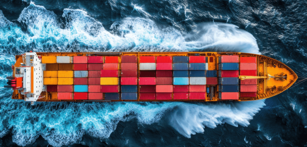 Overhead view of a cargo ship with colorful containers.