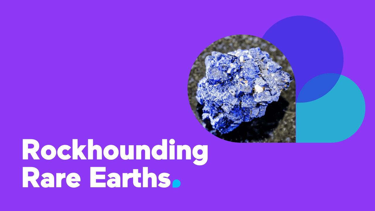 Purple and blue themed YouTube thumbnail with a rare mineral.