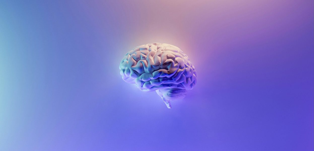 Human brain illustration against a purple-blue gradient background.