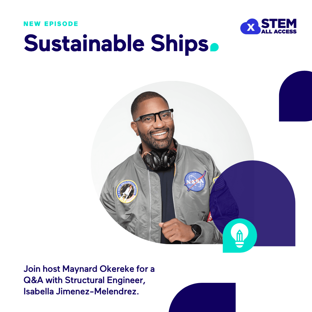 Podcast episode cover for 'Sustainable Ships' with host portrait and NASA jacket.