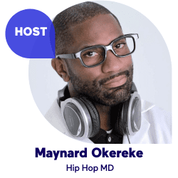 Man with glasses, wearing headphones and a white coat, labeled as host.