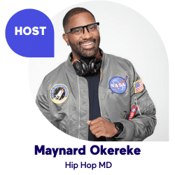 Man wearing NASA jacket with headphones and glasses, labeled as host.