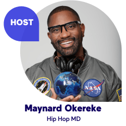 Smiling person wearing glasses and a NASA jacket holding a small globe.