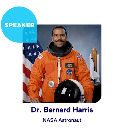 Dr. Bernard Harris in NASA suit with American flag and model shuttle.