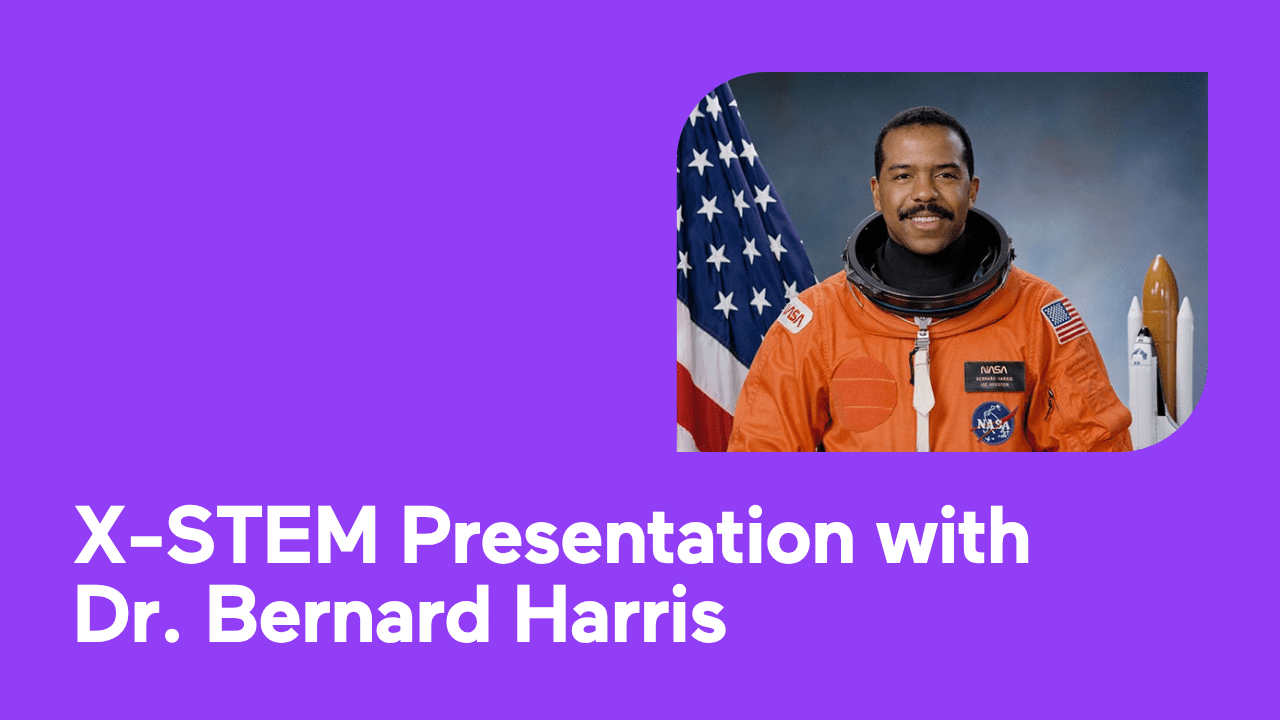 Dr. Bernard Harris in an astronaut suit against a space shuttle backdrop