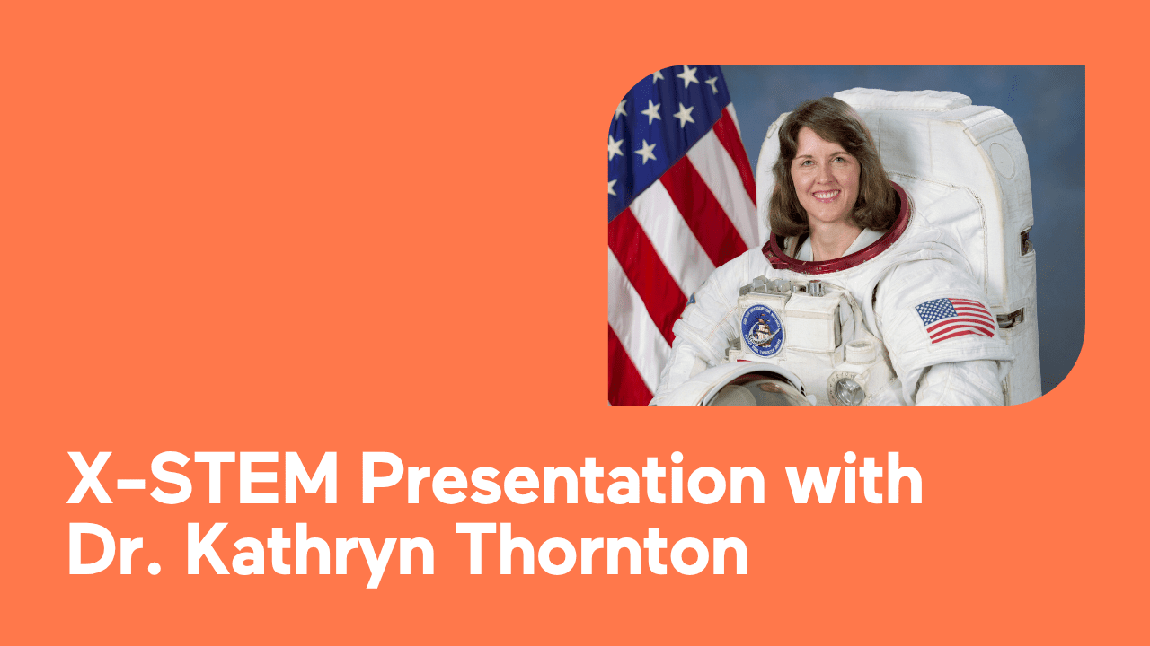 Dr. Kathryn Thornton in astronaut suit with American flag background