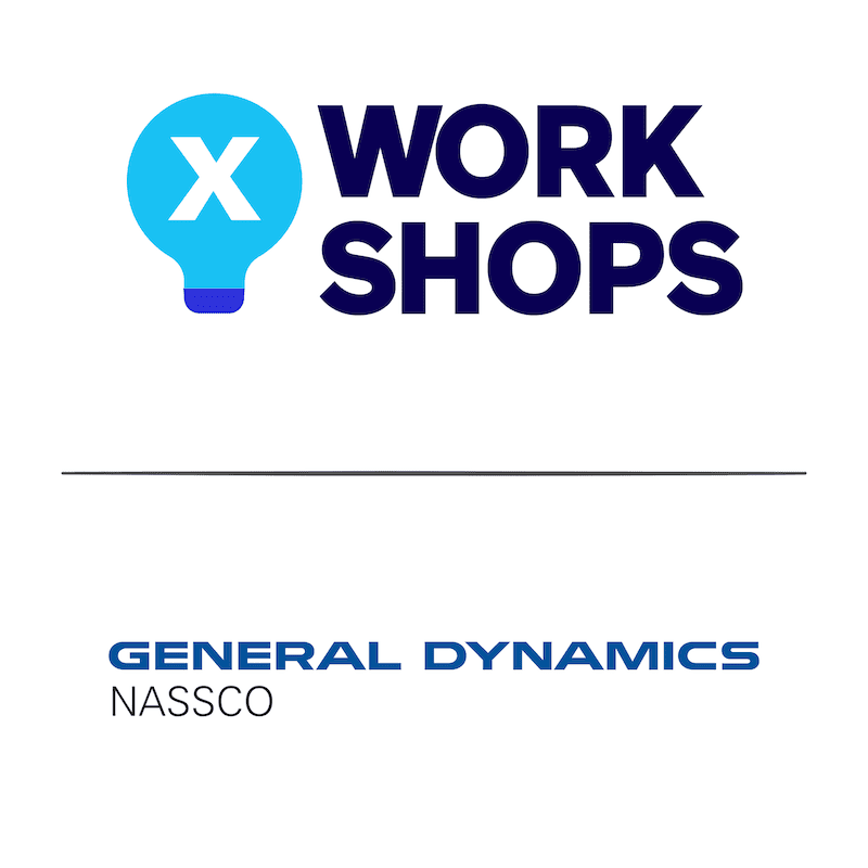 General Dynamics NASSCO logo with X Workshops text and lightbulb icon.