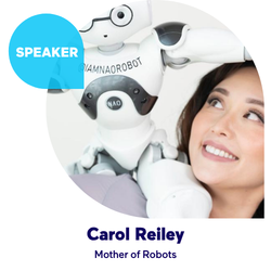 Woman smiling at a robot with 'Speaker' label.