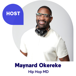 Man wearing glasses and headphones, labeled as host 'Hip Hop MD'.
