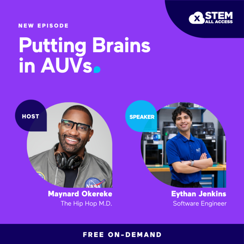 Podcast episode 'Putting Brains in AUVs' with host and speaker portraits.