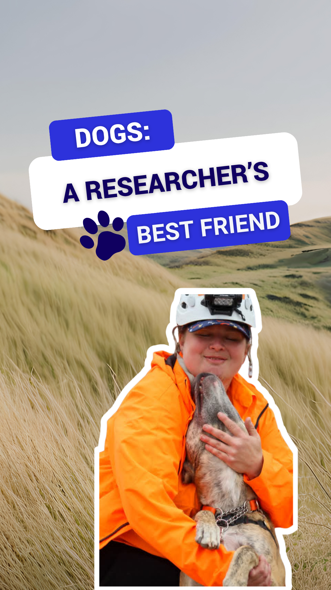 Researcher in orange jacket hugging rescue dog in grassy field