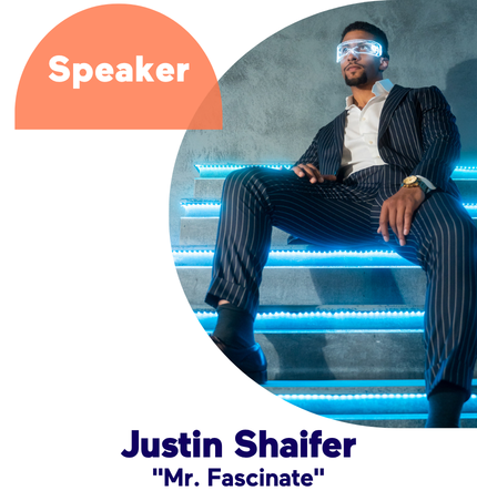 Man in suit with glowing glasses sitting on lit stairs, labeled 'Speaker'.