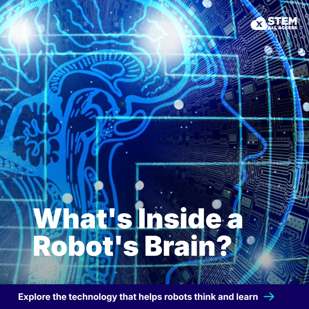Illustration of a robot's brain with circuits and text about AI technology.