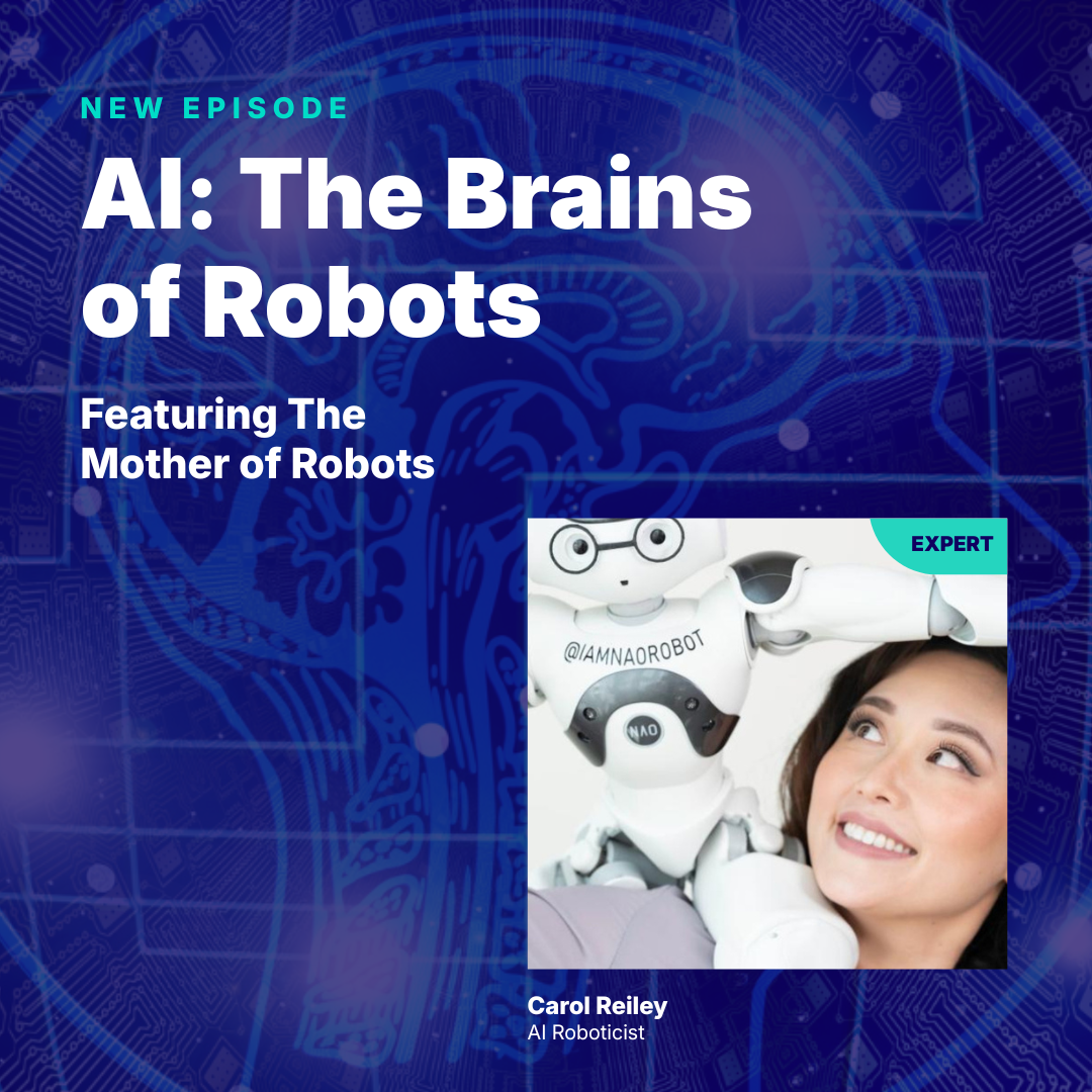 Episode cover for 'AI: The Brains of Robots' featuring a robot and expert.