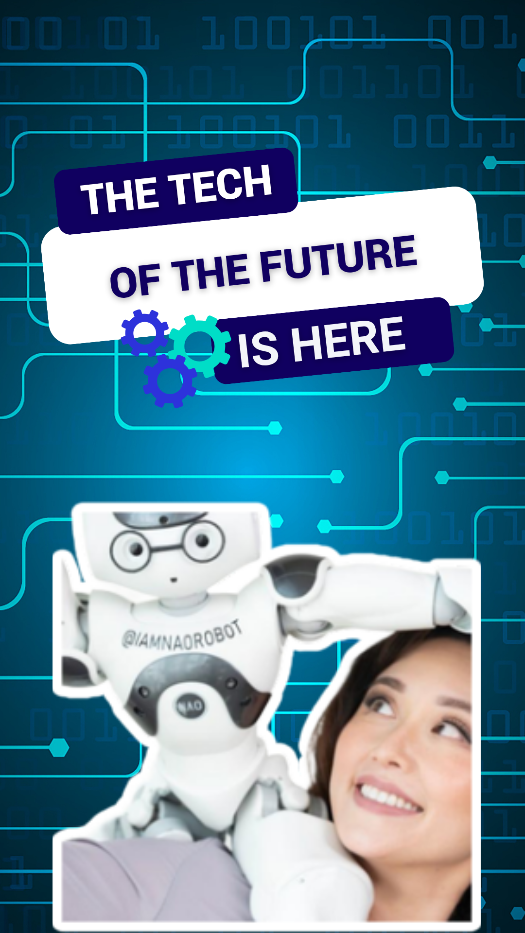 Woman smiling at a humanoid robot with digital tech background.