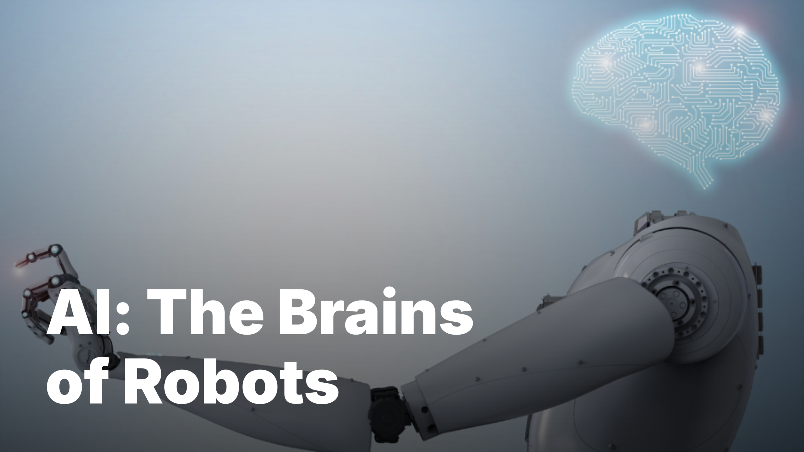 Robot arm reaching towards digital brain on gray background