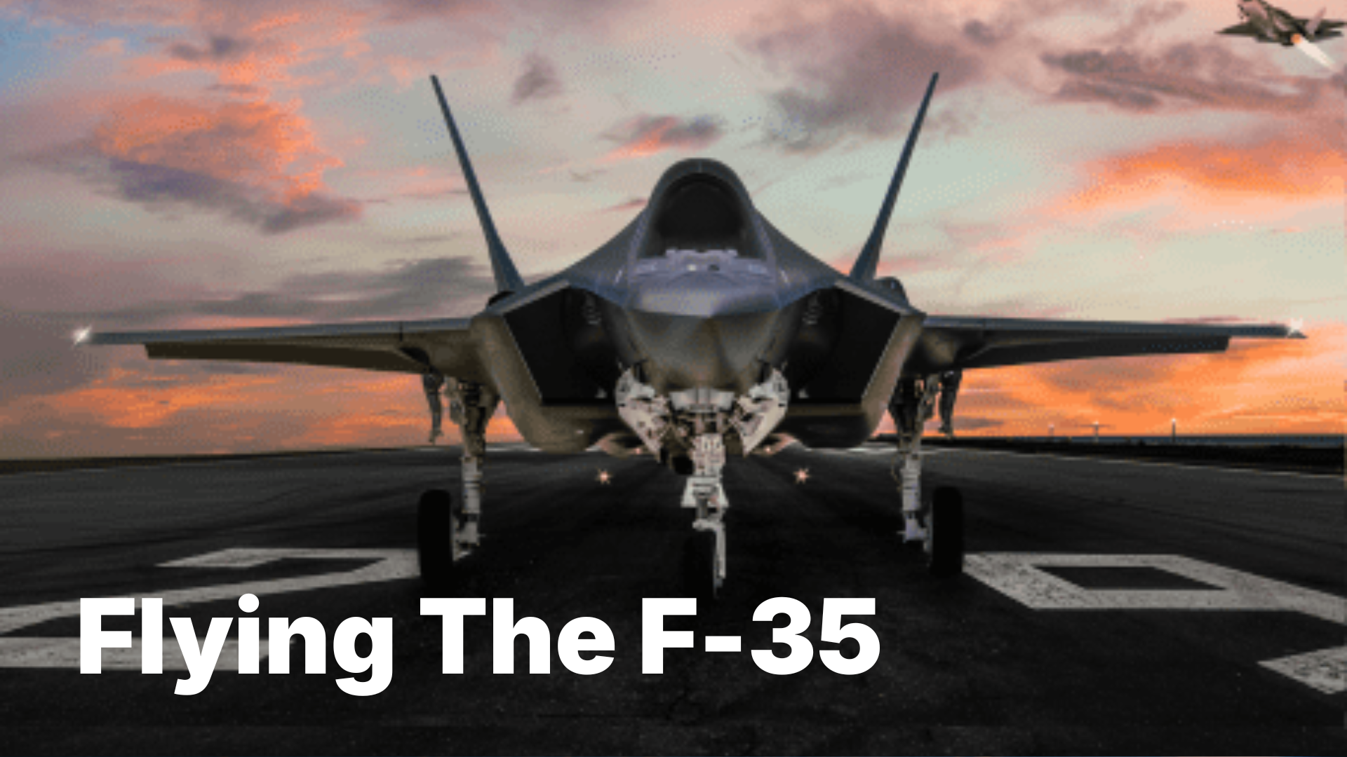 F-35 fighter jet on runway during sunset with dramatic sky.