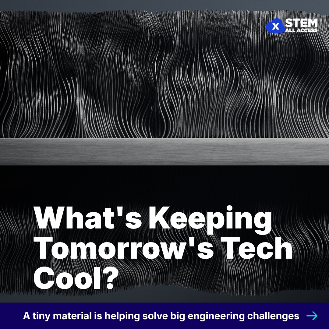 Abstract image with wavy black lines and the text 'What's Keeping Tomorrow's Tech Cool?'