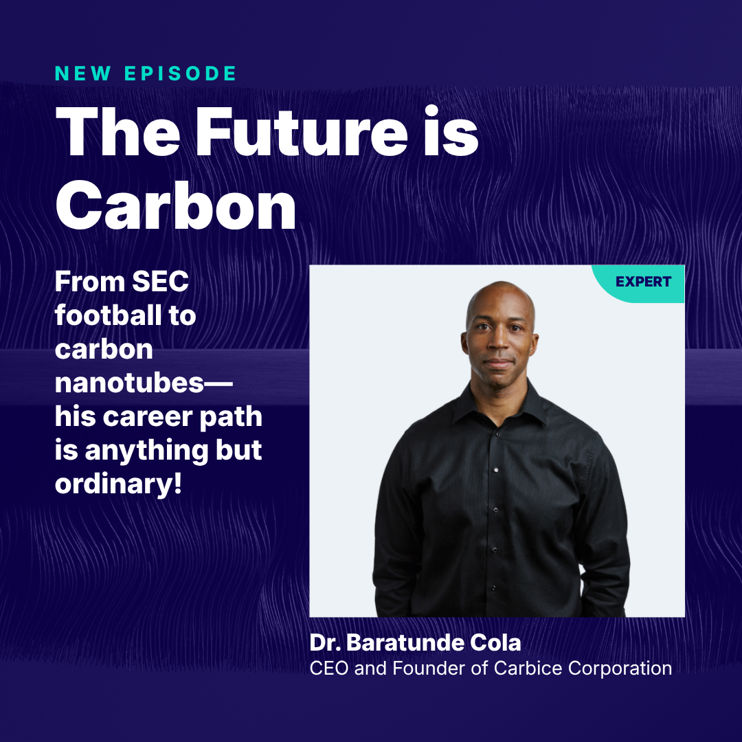 Podcast episode banner featuring Dr. Baratunde Cola on carbon and career journey.