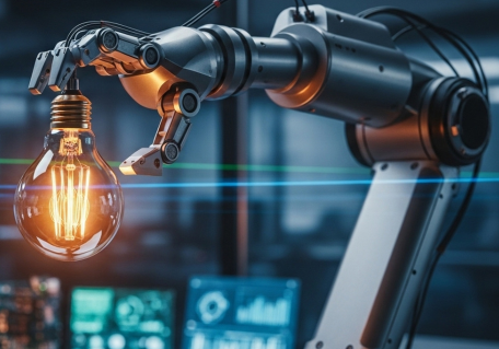 Robotic arm holding a glowing light bulb in a high-tech lab.