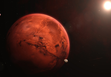 Mars with bright sun in background and space debris.