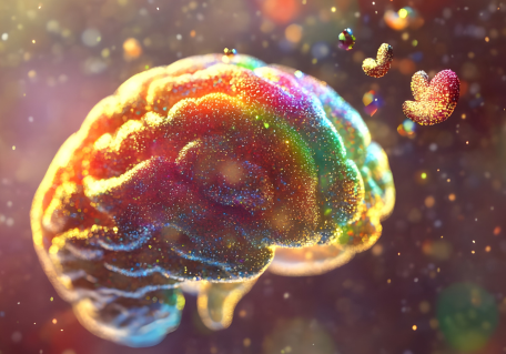 Colorful, abstract representation of a human brain with glowing particles