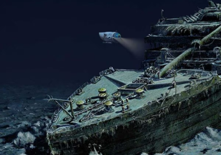 Submersible exploring sunken shipwreck on ocean floor at night