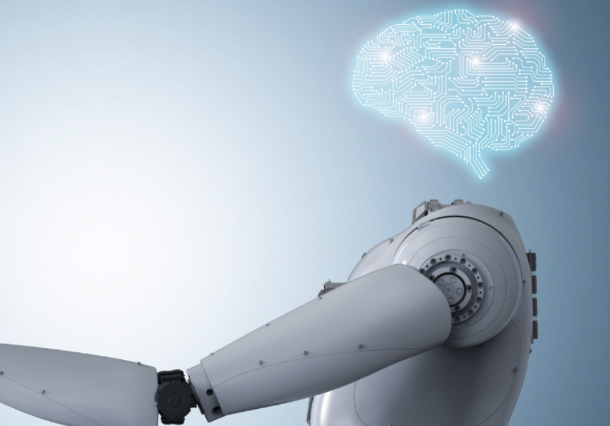 Robotic arm with digital brain illustration in blue background.