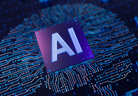 AI processor chip on a digital circuit board, symbolizing artificial intelligence.