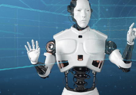 Futuristic humanoid robot interacting with digital interface